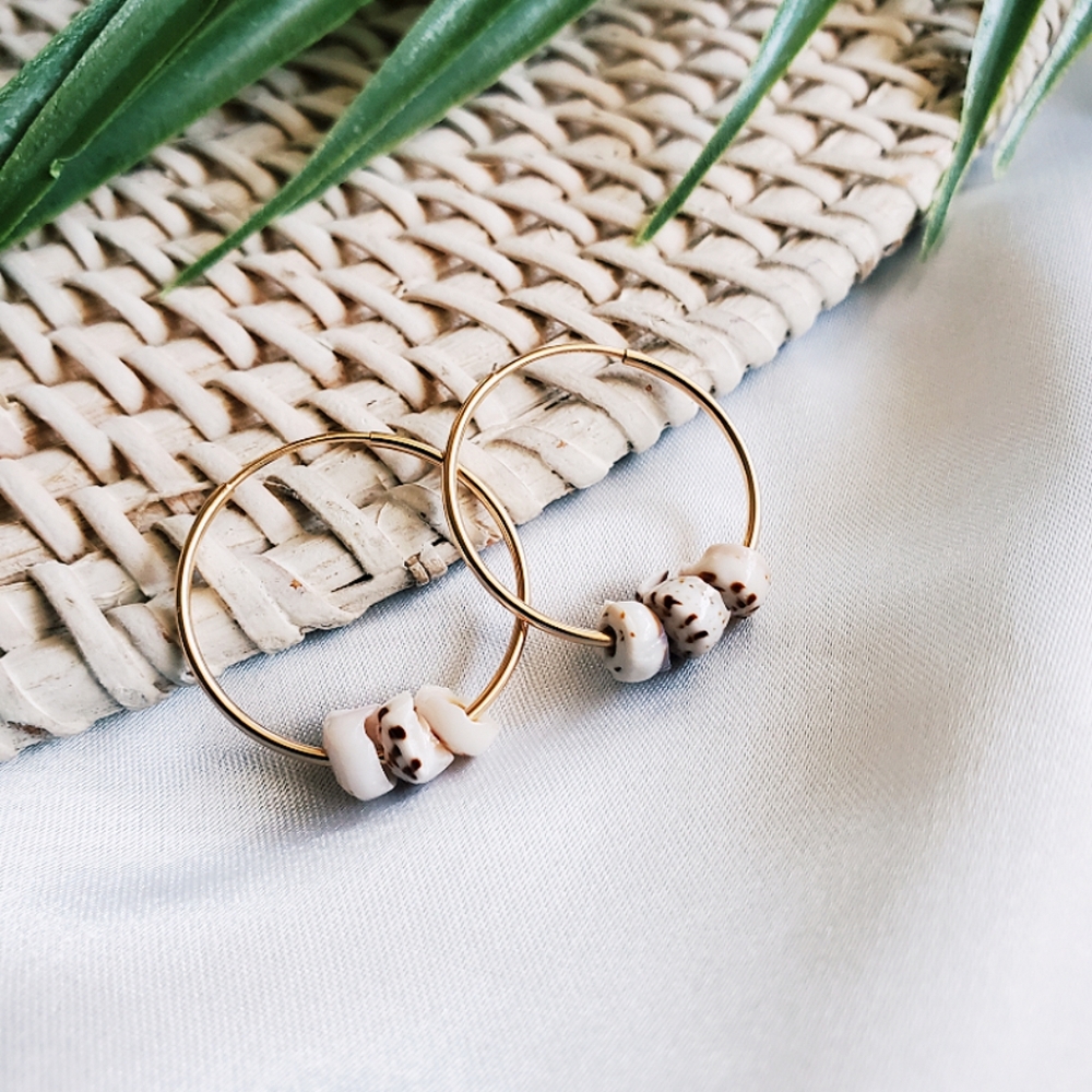 Tiger seashell 18k gold filled earrings hoops puka shell natural ocean jewelry